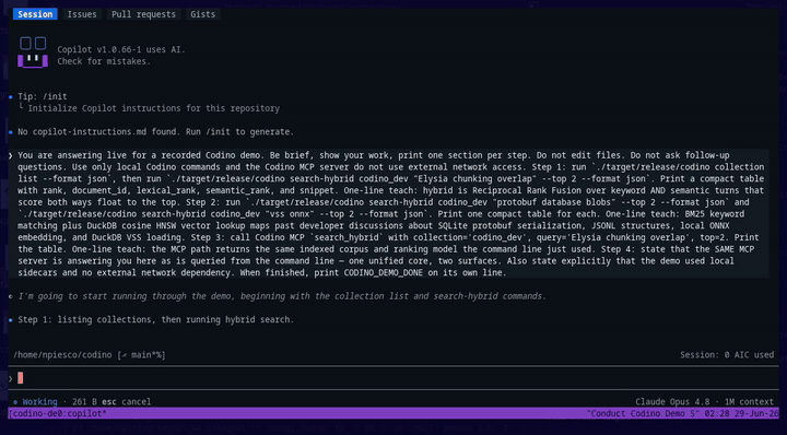 Codino CLI hybrid search returning fused lexical and semantic ranks over the codino_dev collection