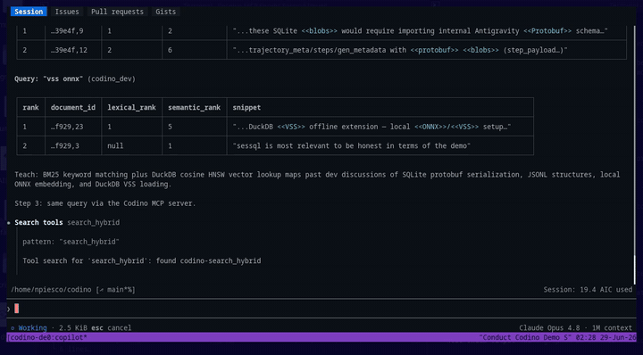 Copilot invoking the Codino MCP search_hybrid tool and printing the same ranked result table