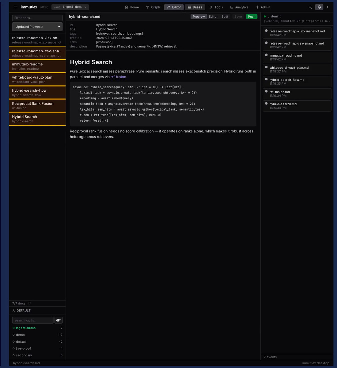 The immutlex Editor workspace rendering hybrid-search.md - YAML frontmatter, the rendered markdown body with a code block and an inline wikilink, the document browser on the left, and Preview / Editor / Split view modes with Save and Push
