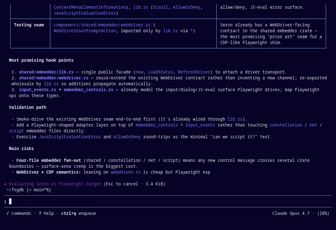 An AI agent calling fsgdb MCP tools and assembling a structural analysis of a codebase with file paths, hook points, and risks