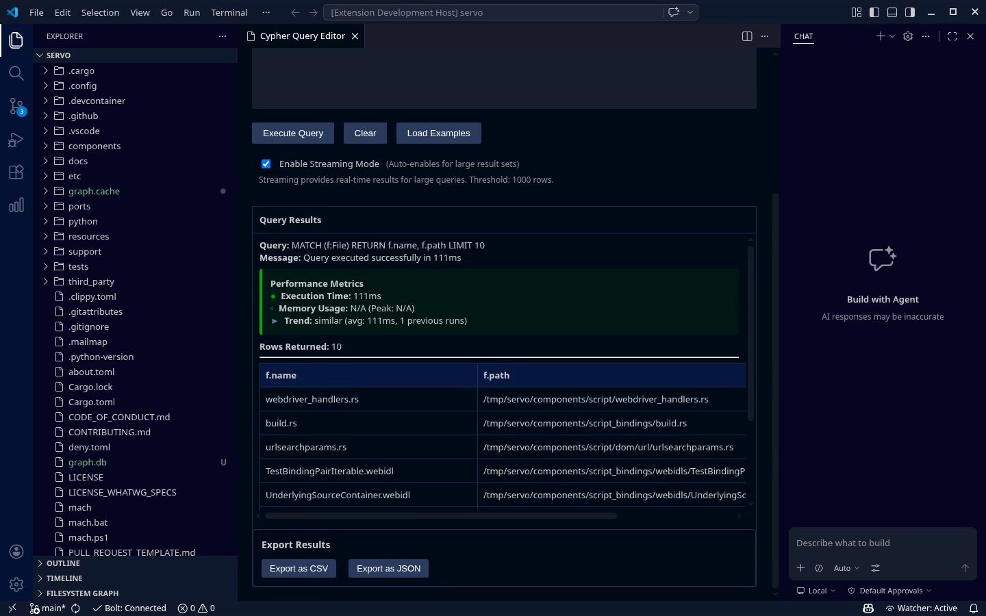 fsgdb VS Code Cypher query editor running MATCH (f:File) RETURN f.name, f.path over the Servo codebase, with a results table and a Bolt: Connected status