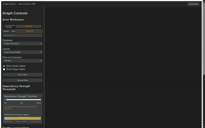 The browser graph explorer scanning a codebase: nodes burst out and settle into a depth-layered dependency graph