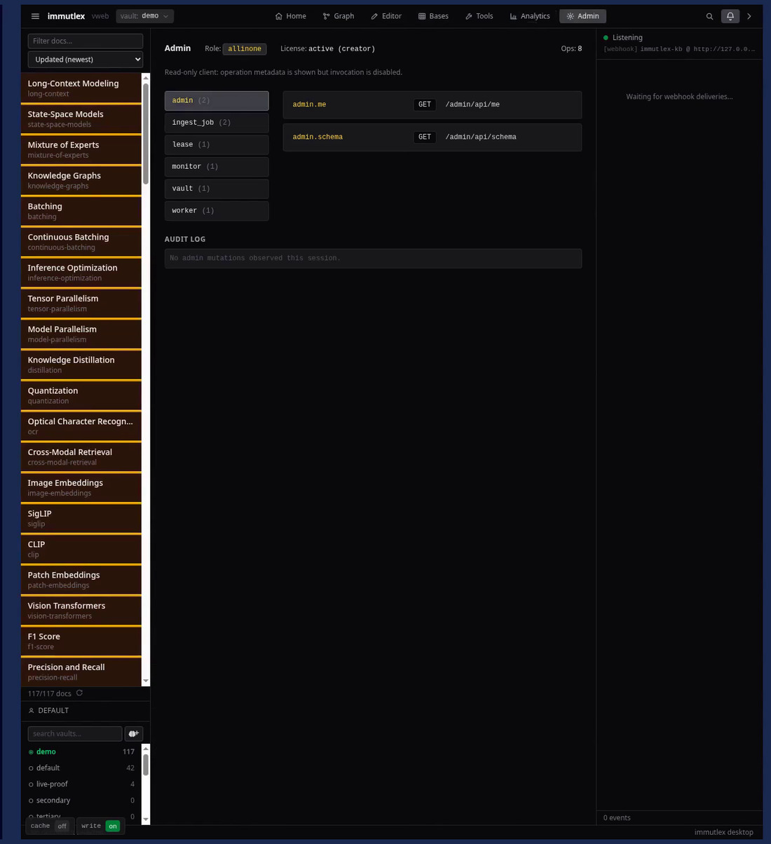 The Admin workspace - deployment role, license state, operator operations and an audit log