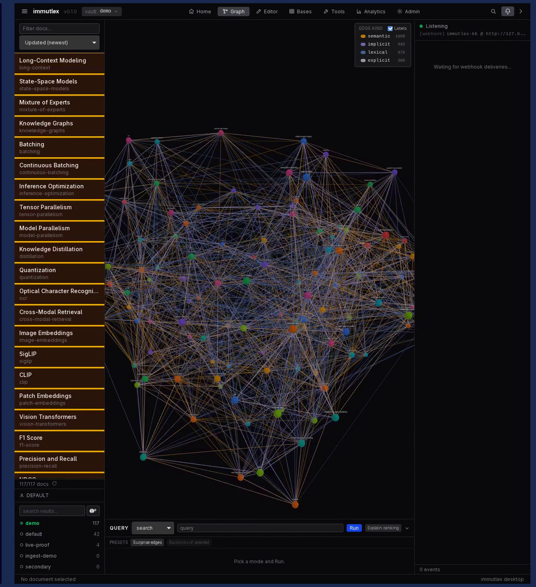 The Graph workspace - a knowledge graph rendered in 3D with an edge-kind legend and a query panel
