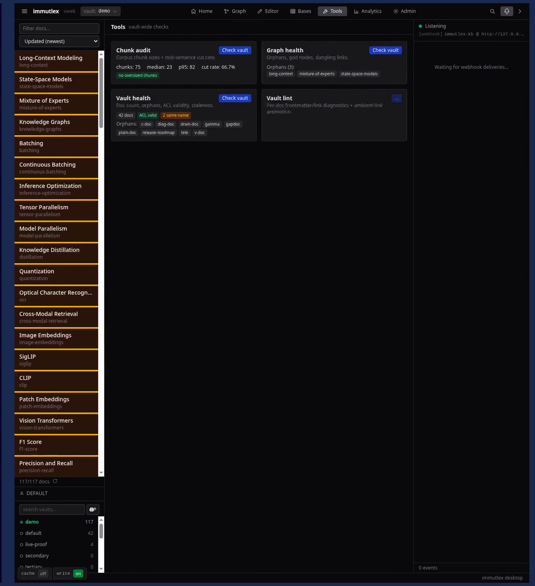 The Tools workspace - vault-wide checks for chunk audit, graph health, vault health and vault lint